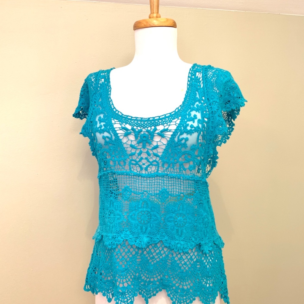 Turquoise Scoop Neck Tiered Crochet Blouse